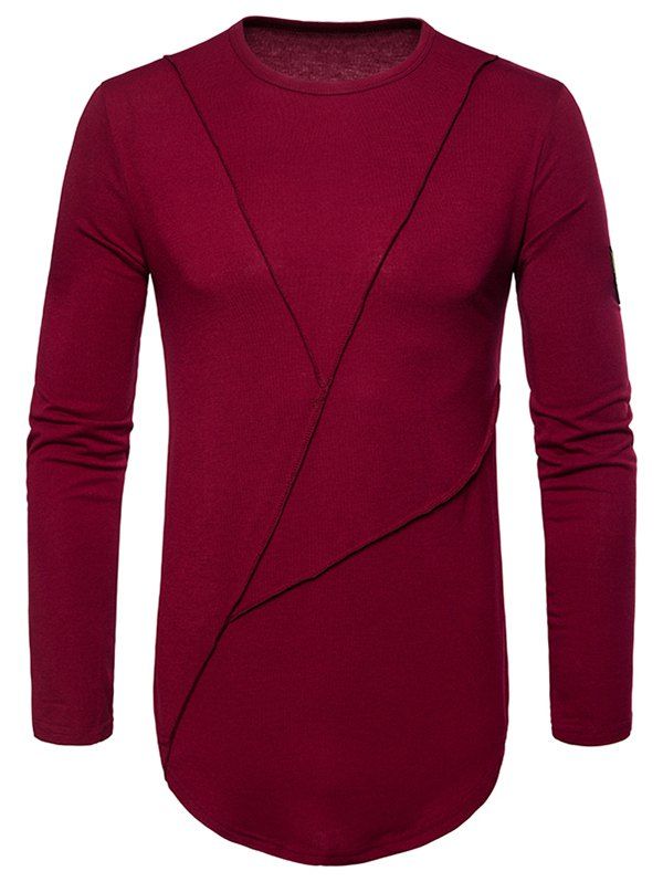 

Solid Seam Sleeve Applique Hem Curved Longline T-shirt, Red wine