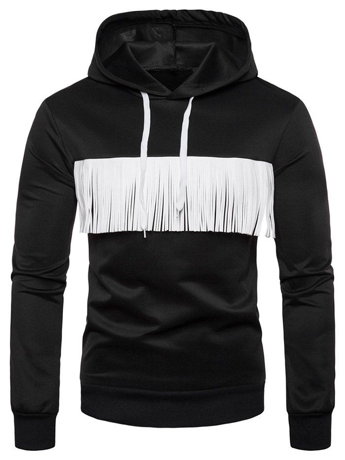 

Contast Chest PU Tassel Design Long Sleeve Hoodie, Black
