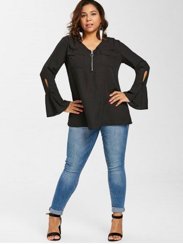 

Plus Size V Neck Bell Sleeve Blouse, Black