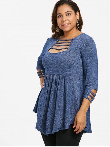 

Ladder Cut Out Plus Size A Line T-shirt, Steel blue