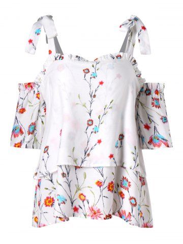 

Floral Print Cold Shoulder Tiered Blouse, White