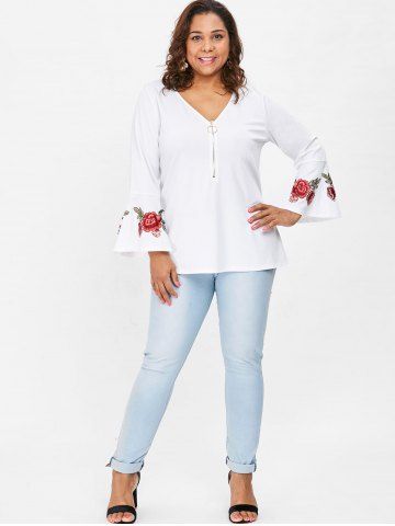 

Plus Size Flared Sleeve Floral Patched Blouse, White