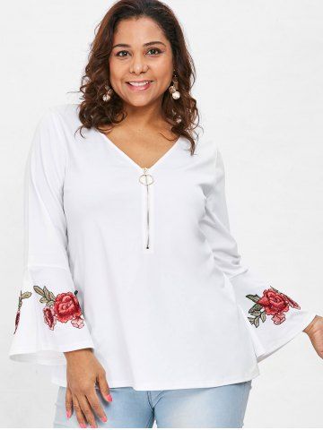 

Plus Size Flared Sleeve Floral Patched Blouse, White