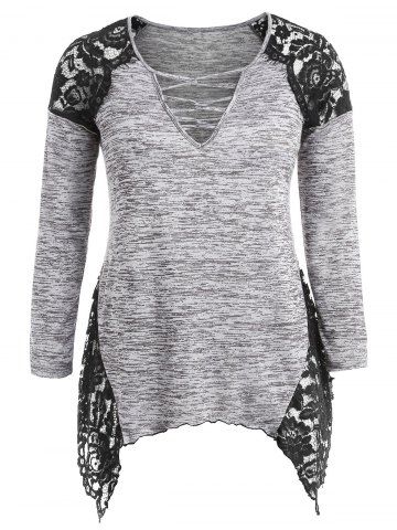 

Plus Size Lace Trim V Neck T-shirt, Gray