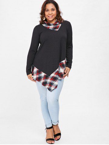 

Tartan Print Plus Size Asymmetrical T-shirt, Black
