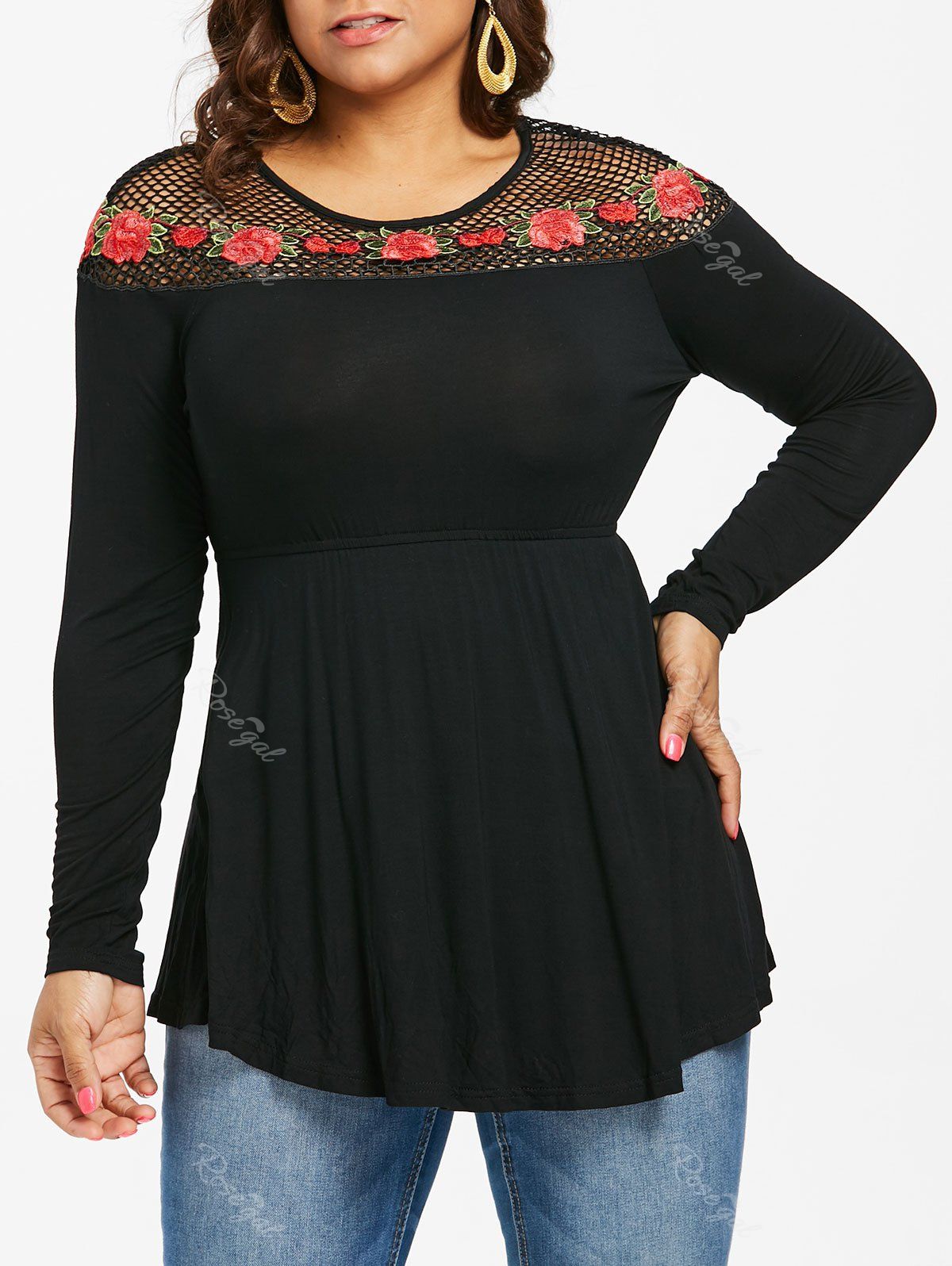 

Plus Size Embroidered Fishnet Yoke Top, Black