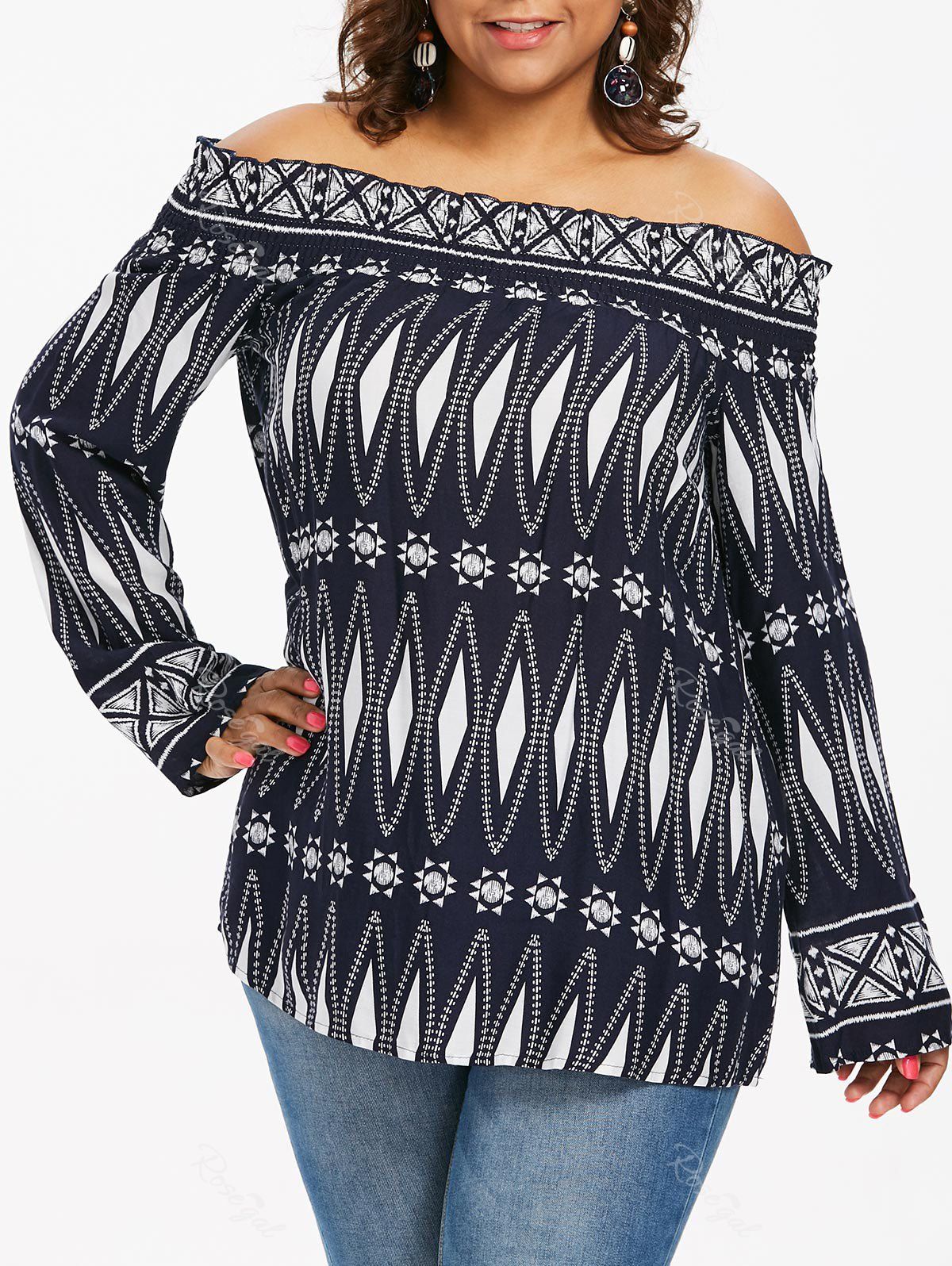 

Plus Size Geometric Off Shoulder Blouse, Cadetblue