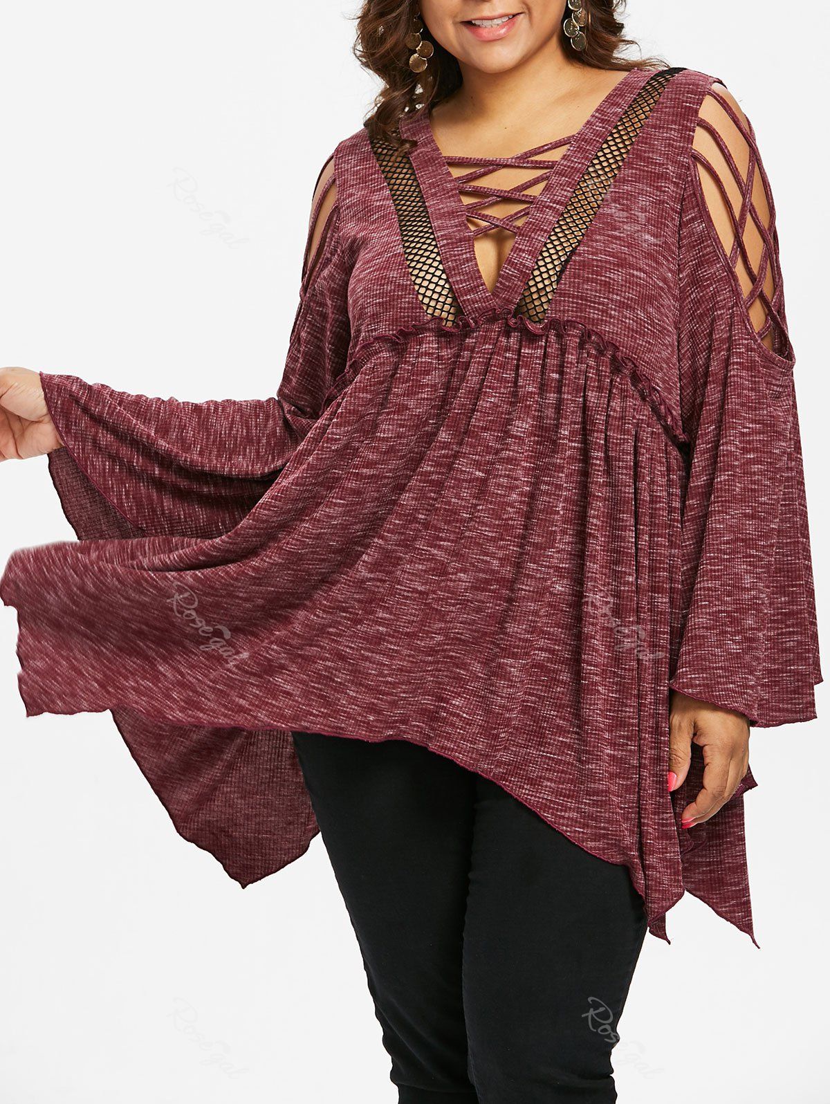 

Plus Size Fishnet Trim Flare Sleeve T-shirt, Chestnut red