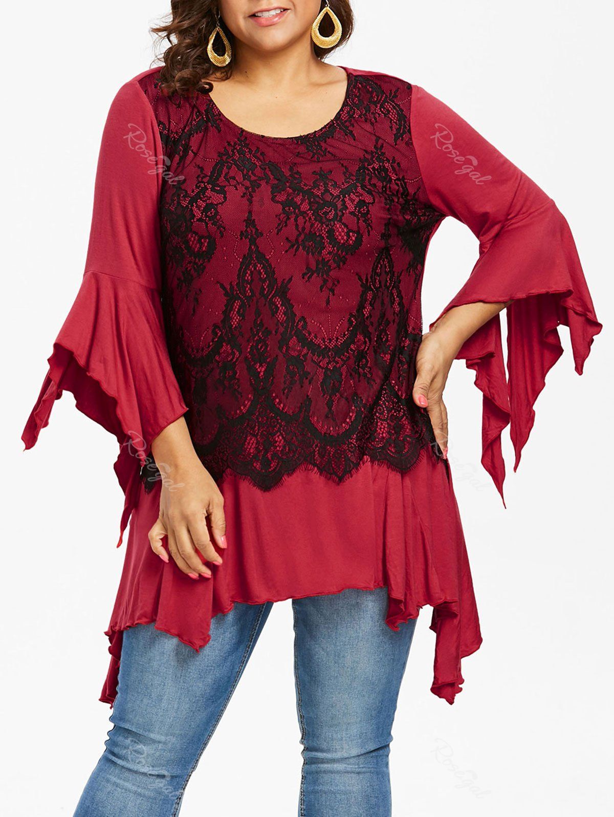 

Handkerchief Sleeve Plus Size Lace Panel Asymmetrical T-shirt, Love red