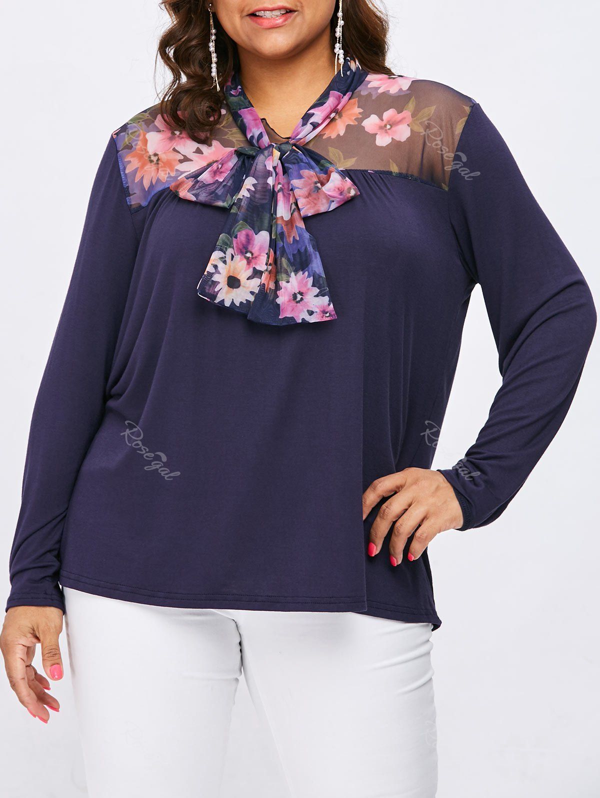 

Plus Size Mesh Self Tie Neck Blouse, Cadetblue