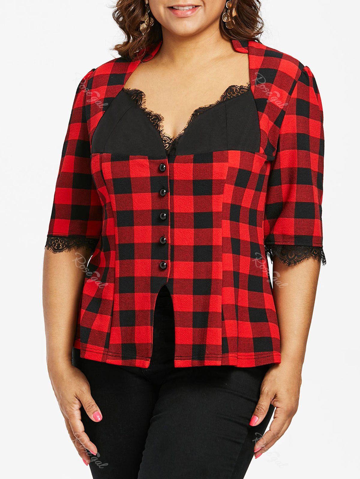 

Plus Size Sweetheart Neck Plaid Blouse, Red