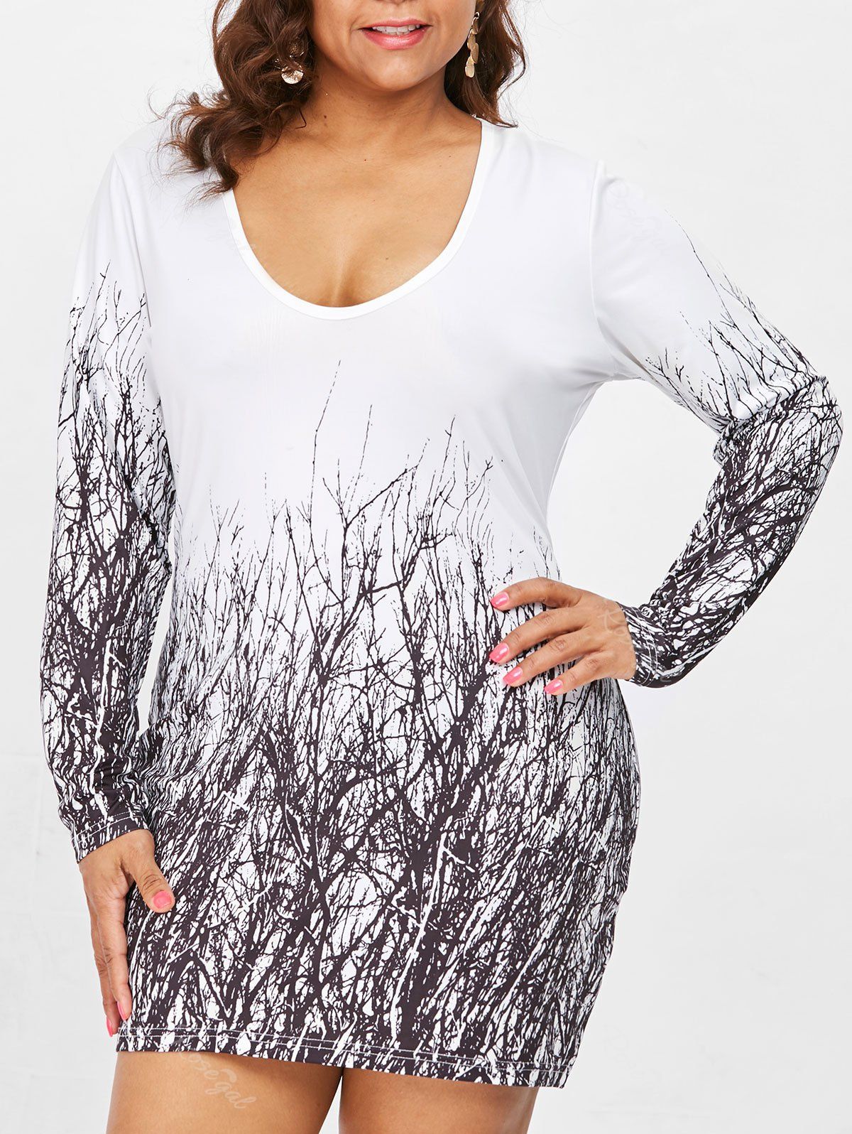 

Plus Size Long Sleeve Branch Pattern Dress, White