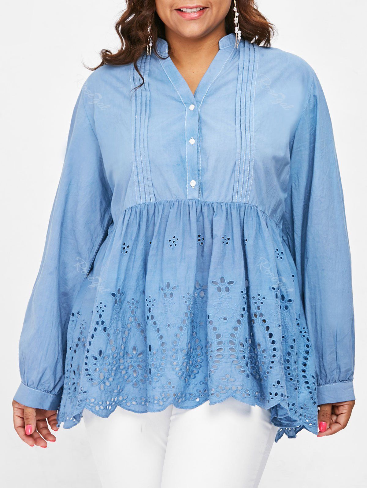 

Plus Size Eyelet Hem Smock Top, Denim blue