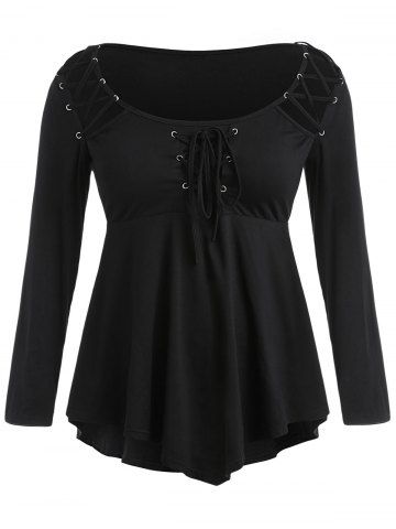 

Plus Size Asymmetric Lace Up T-shirt, Black