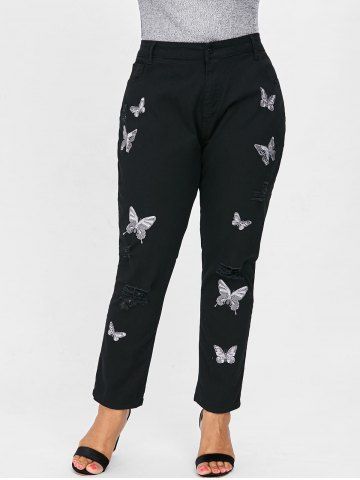 

Ripped Plus Size Butterfly Embroidery Jeans, Black