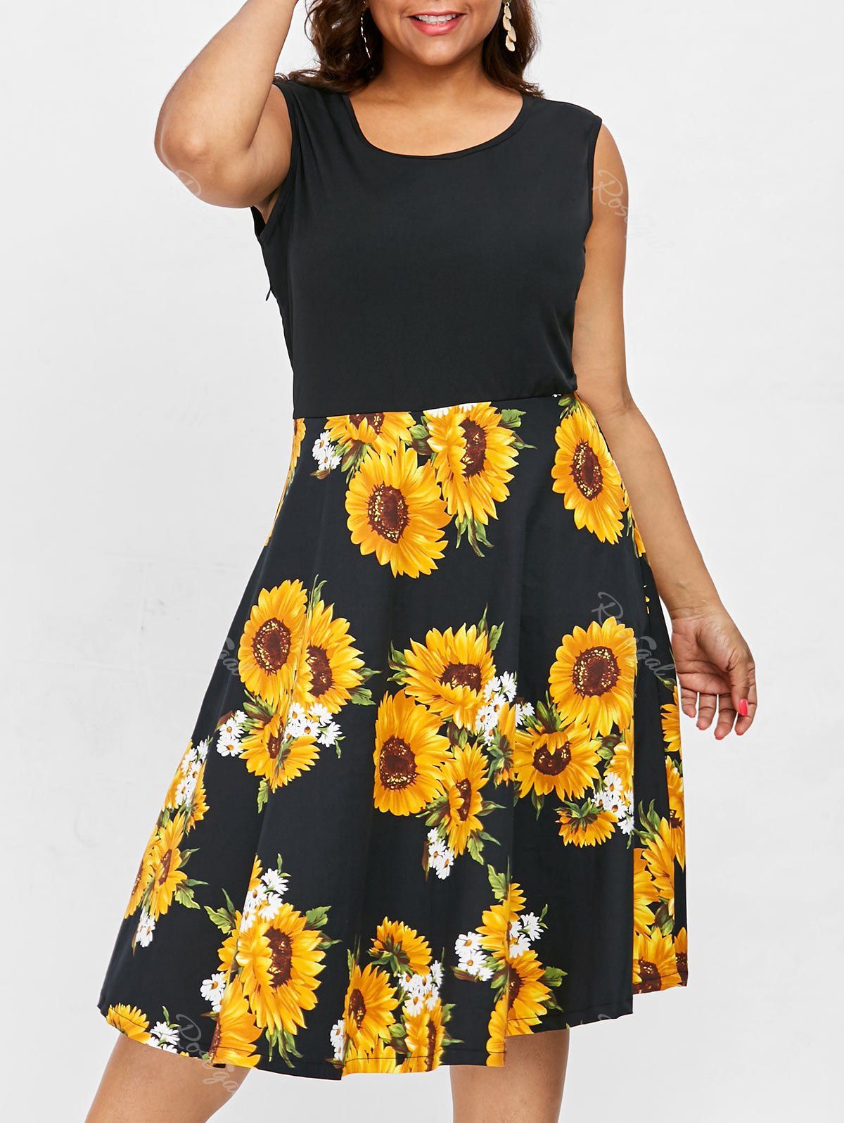 2019 cross sunflower print a line vintage dress