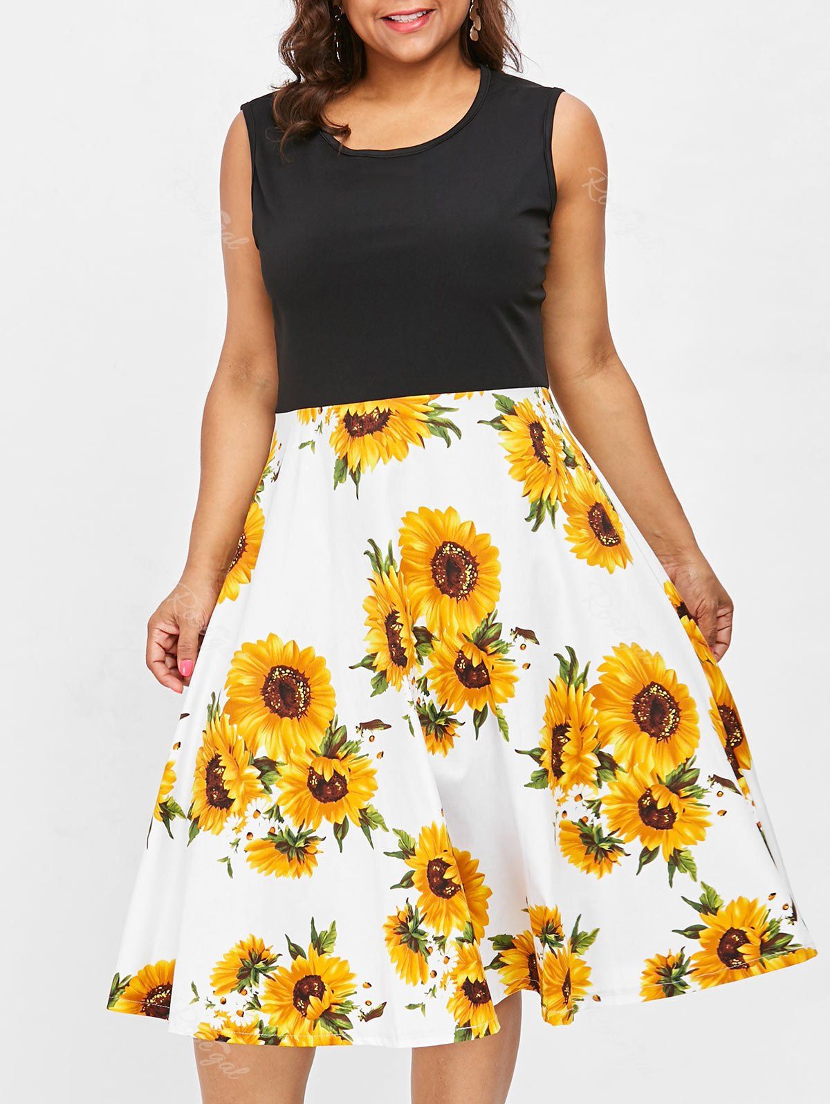 [43% OFF] Plus Size Sleeveless Sunflower Print Vintage Dress | Rosegal