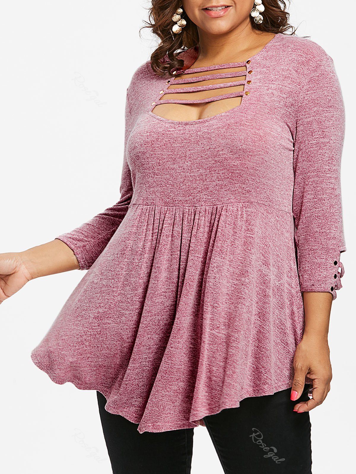 

Ladder Cut Out Plus Size A Line T-shirt, Lipstick pink