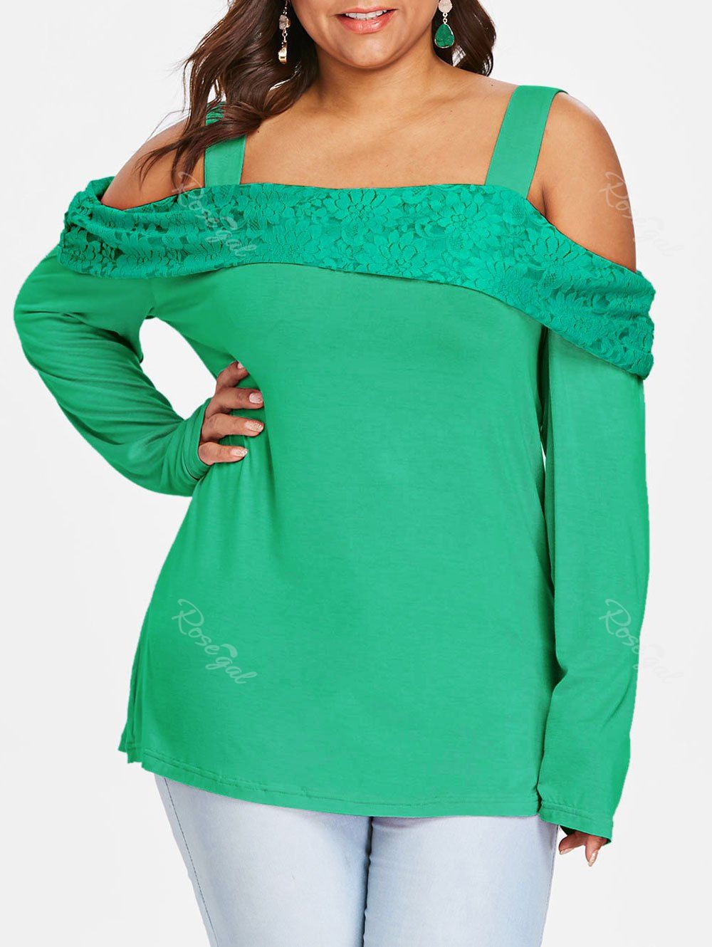 

Plus Size Cold Shoulder Foldover Lace Top, Light sea green