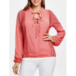 

Lace Insert Self Tie Blouse, Watermelon pink