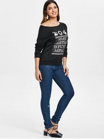 

Merry Christmas Print Skew Neck Pullover Sweatshirt, Black