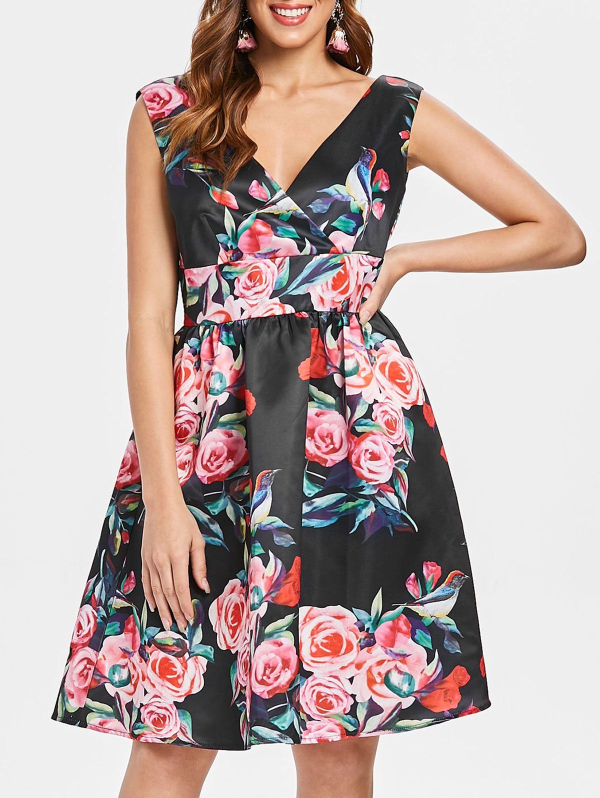 

Floral Print Empire Waist Sleeveless Dress, Black