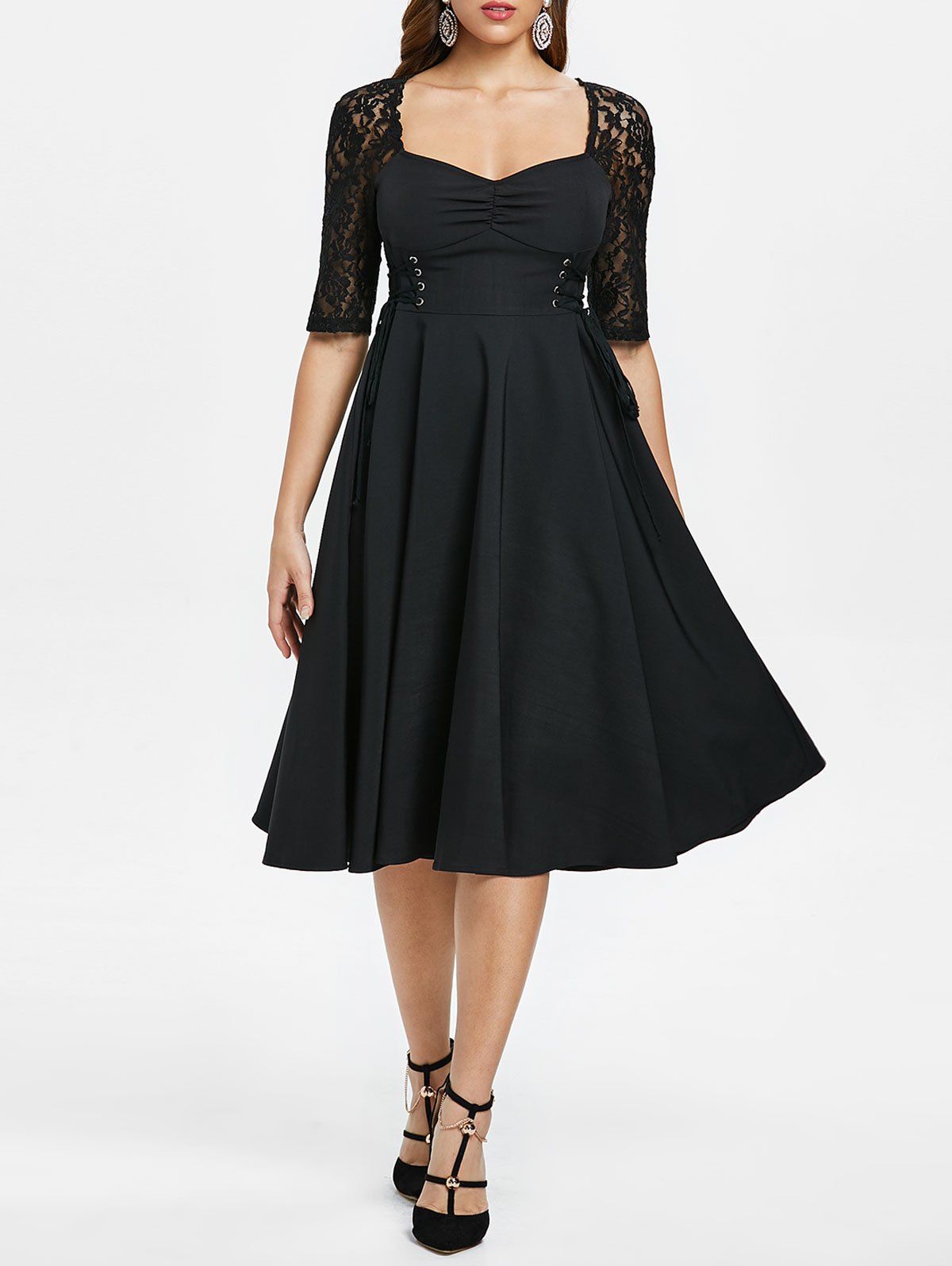 

Lace Up Half Sleeve Vintage Dress, Black
