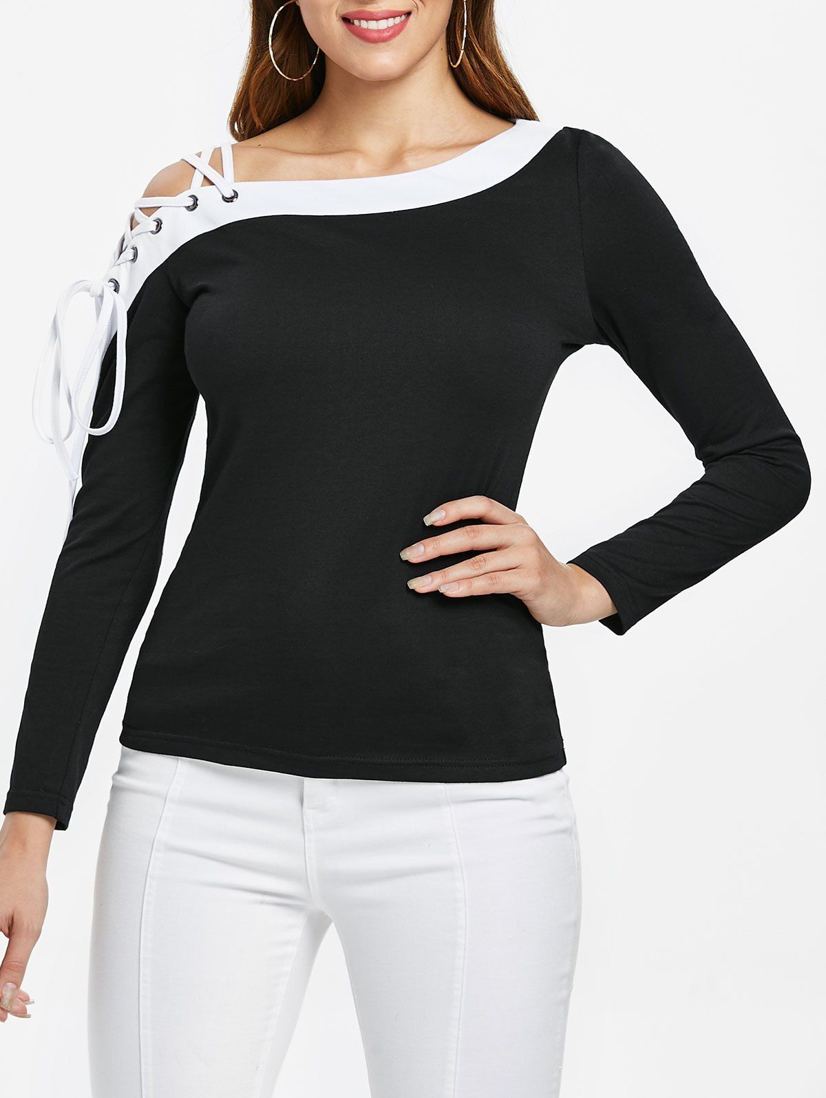 

Skew Neck Lace Up T-shirt, Black