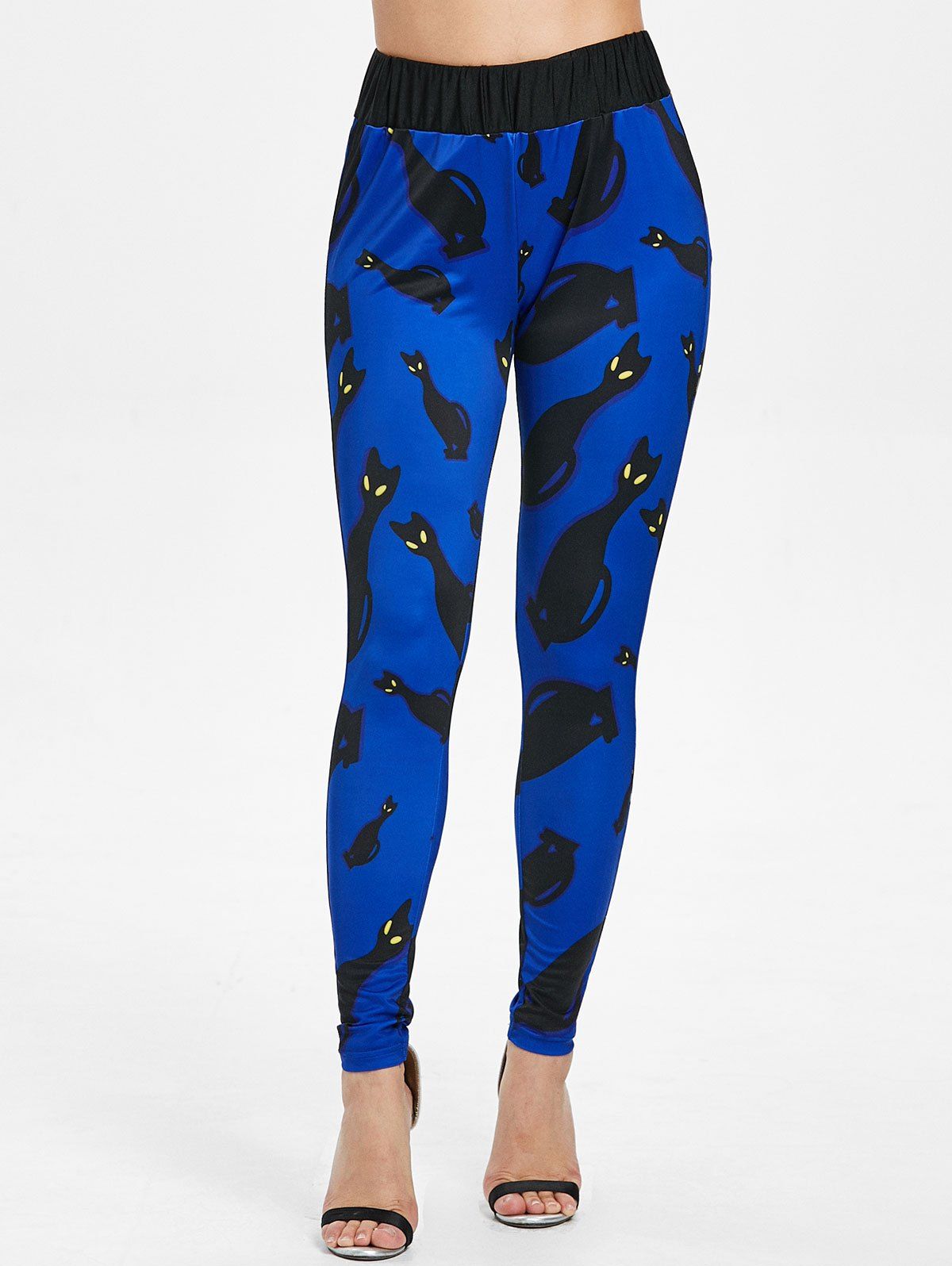 

Black Cats Print High Waist Casual Pants, Blue