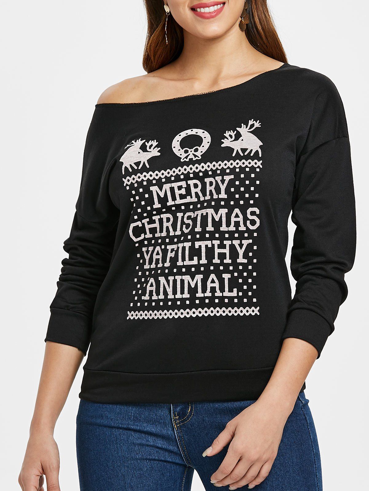 

Merry Christmas Print Skew Neck Pullover Sweatshirt, Black