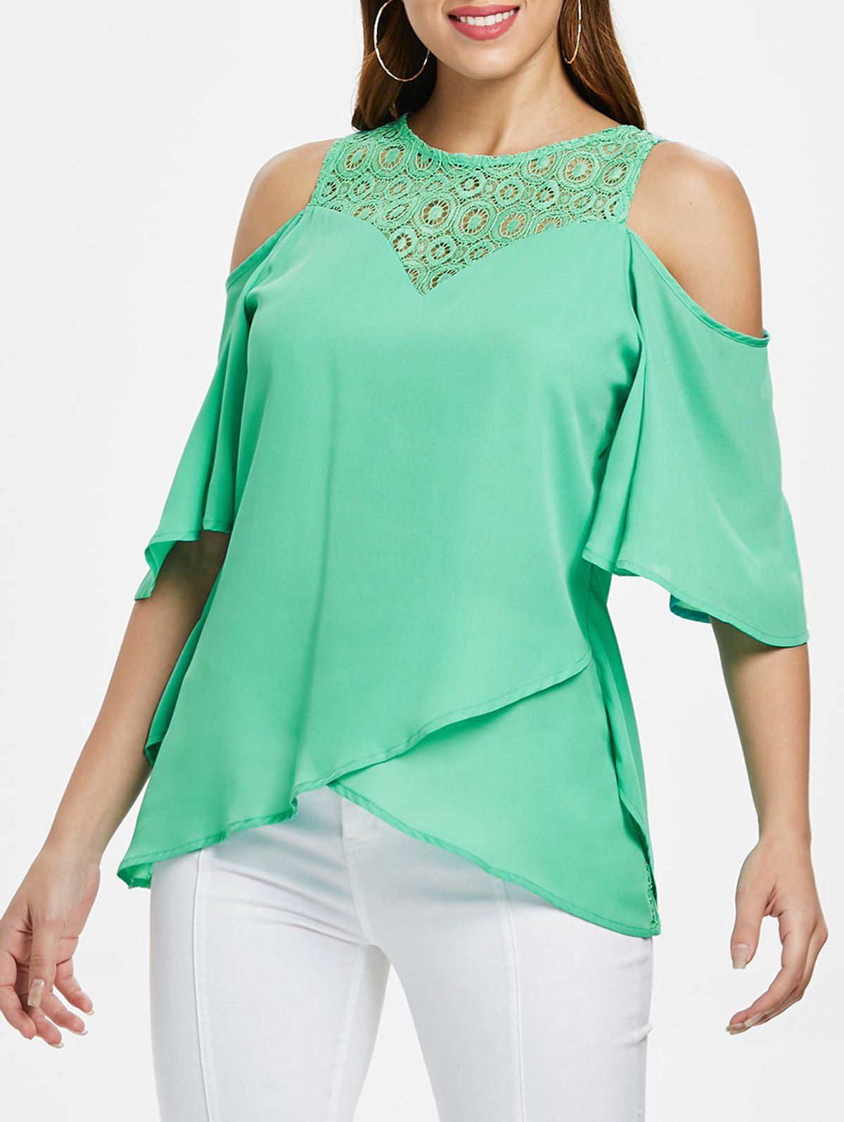 

Lace Back Zipper Flowy Blouse, Blue green