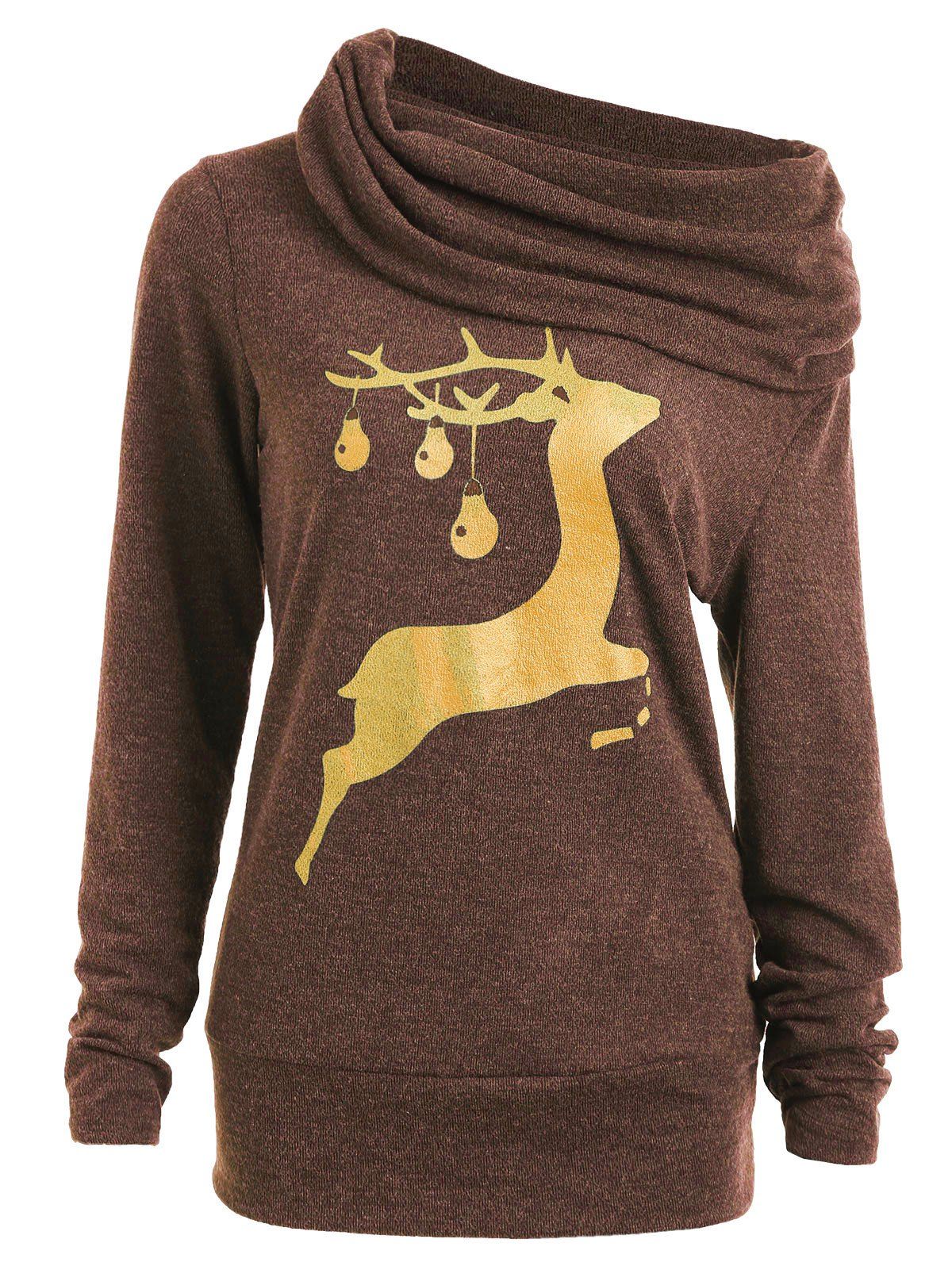 

Elk Deer Print Cowl Neck Sweatshirt, Coffee