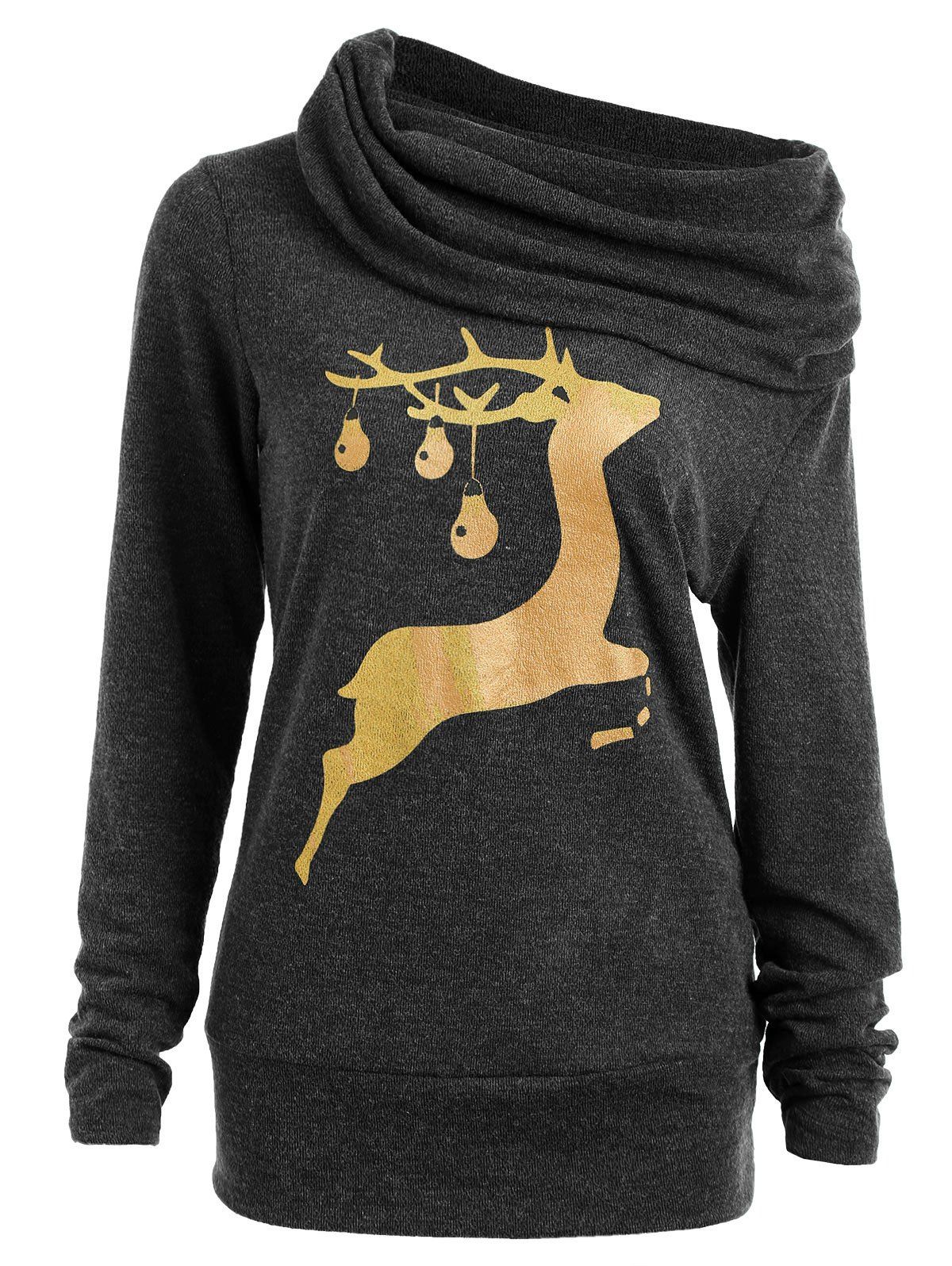 

Elk Deer Print Cowl Neck Sweatshirt, Deep gray