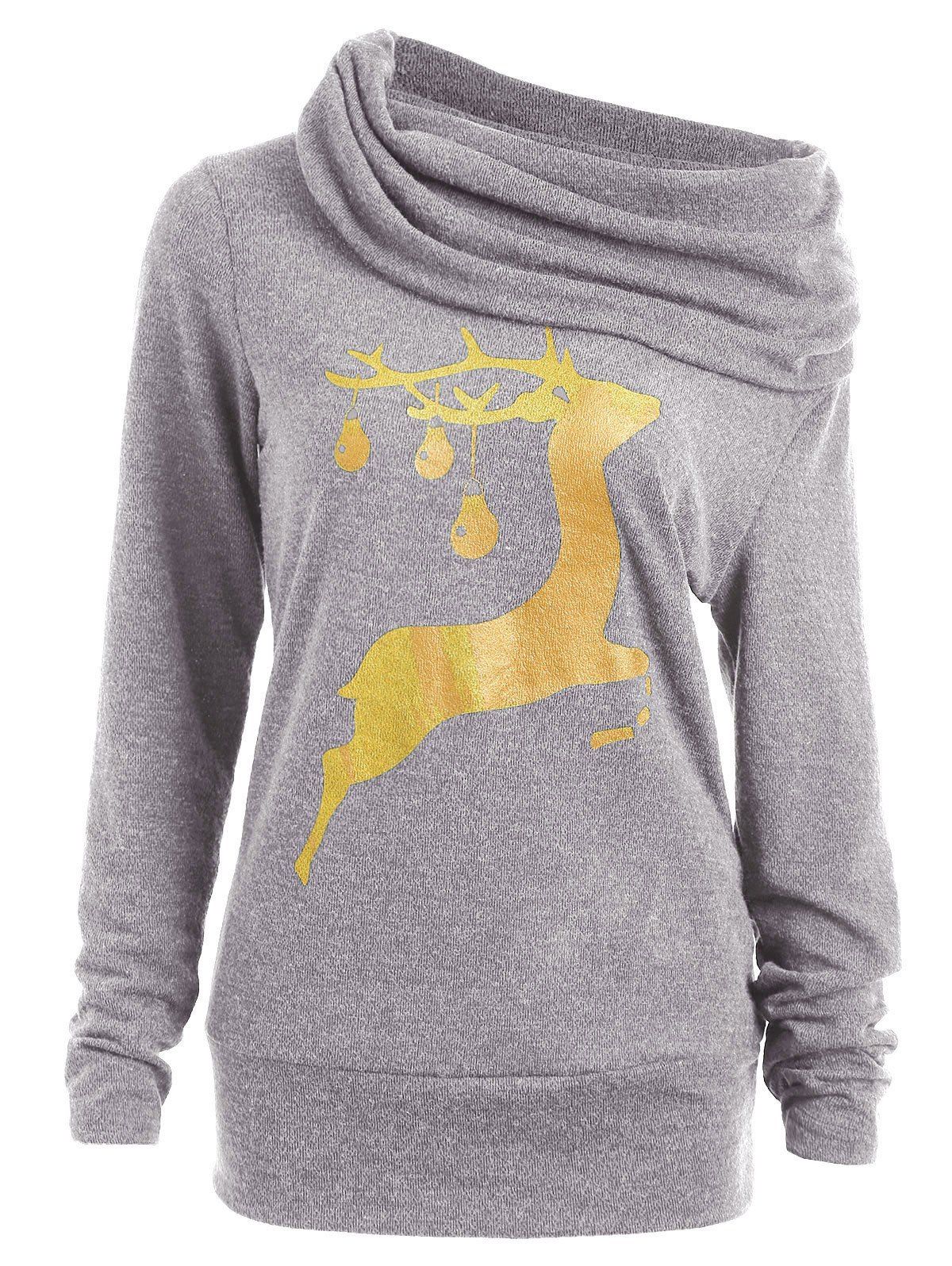 

Elk Deer Print Cowl Neck Sweatshirt, Light gray