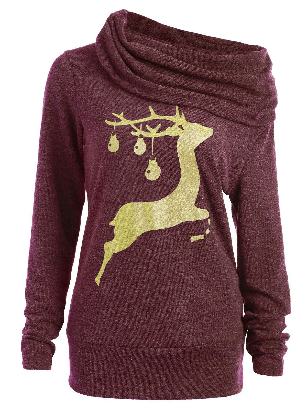 

Elk Deer Print Cowl Neck Sweatshirt, Wine red