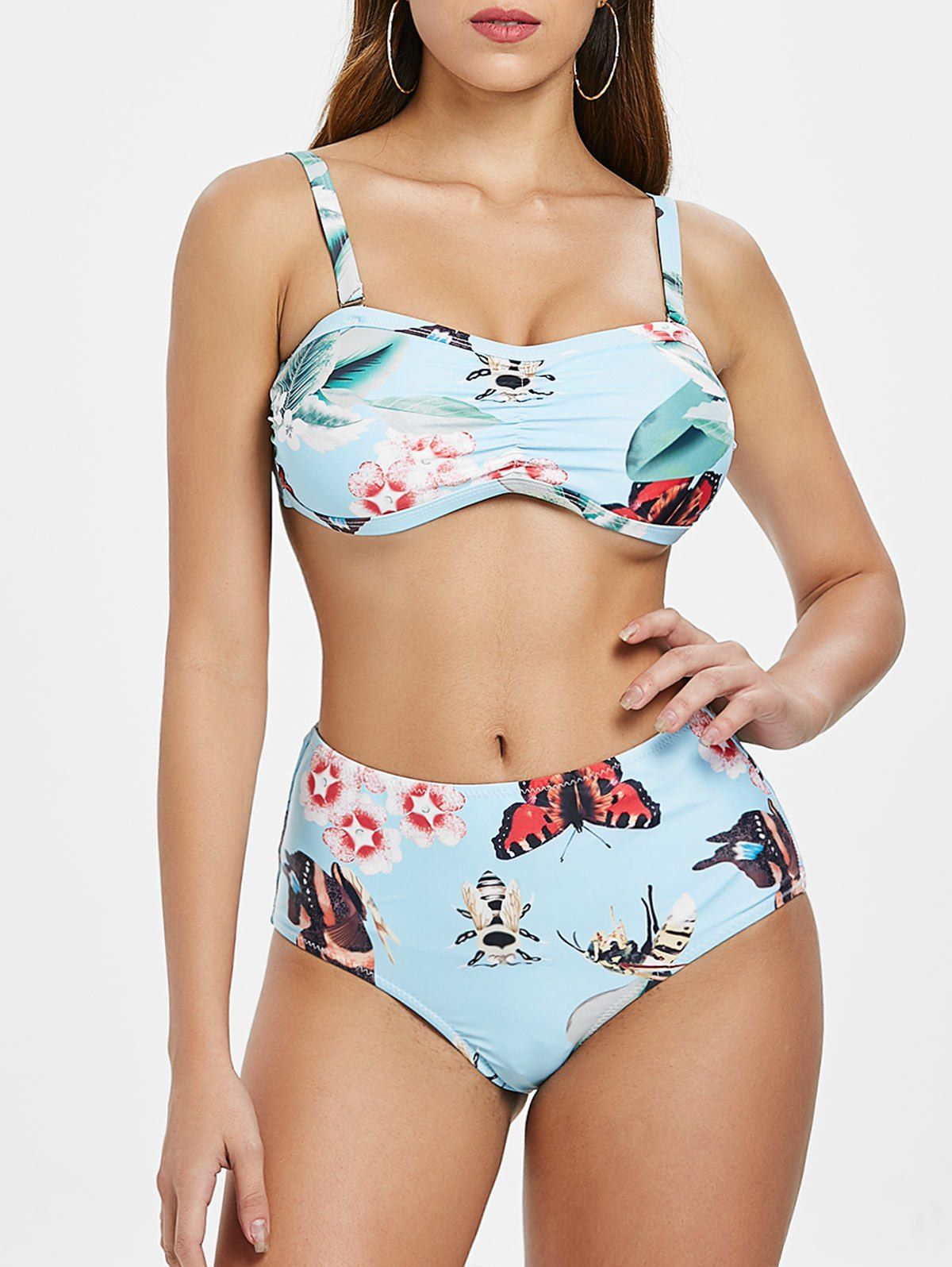 

Floral Insect Print Removable Straps Bikini, Light cyan