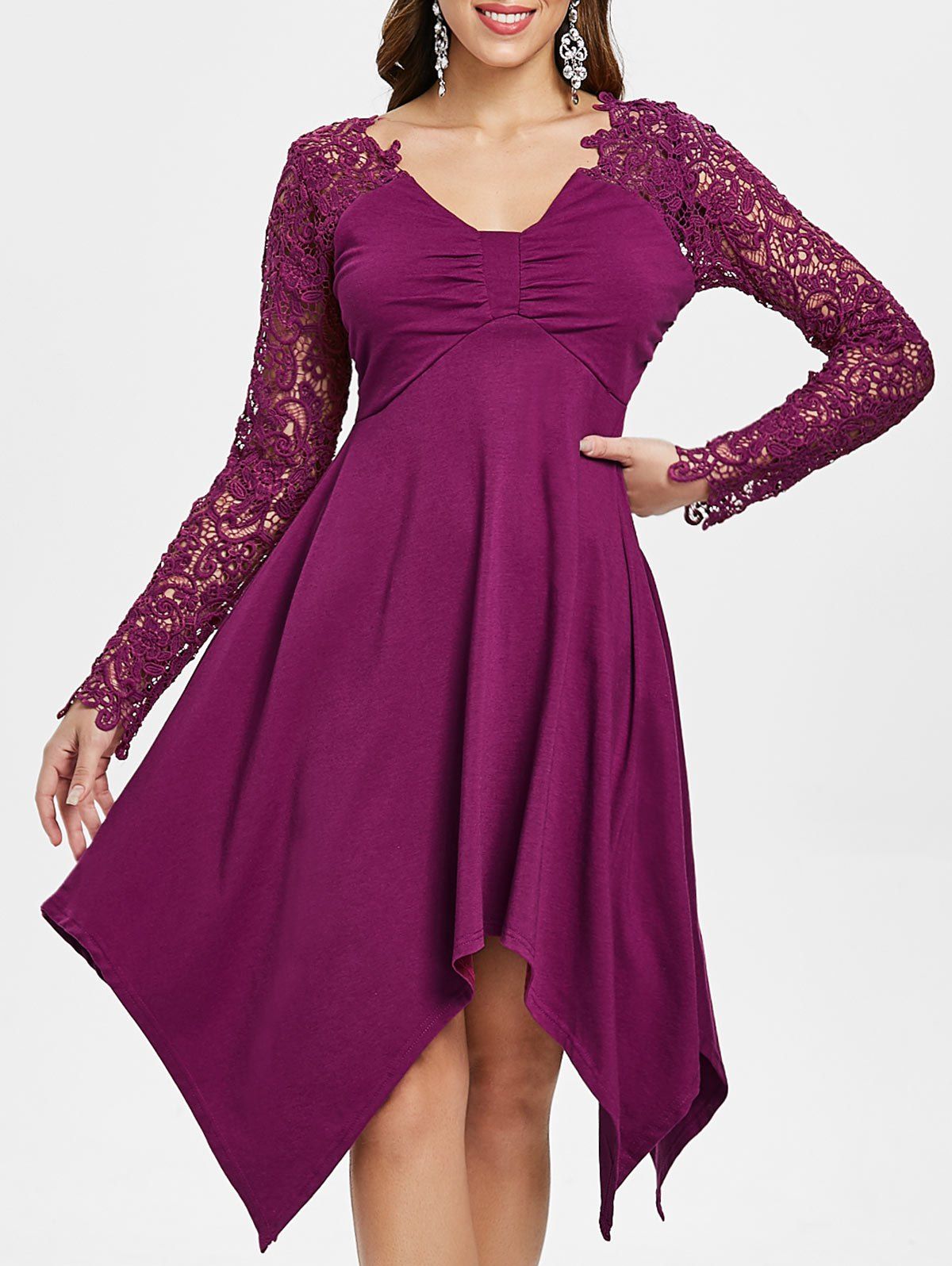 lace panel purple ruffle trim sheath dress