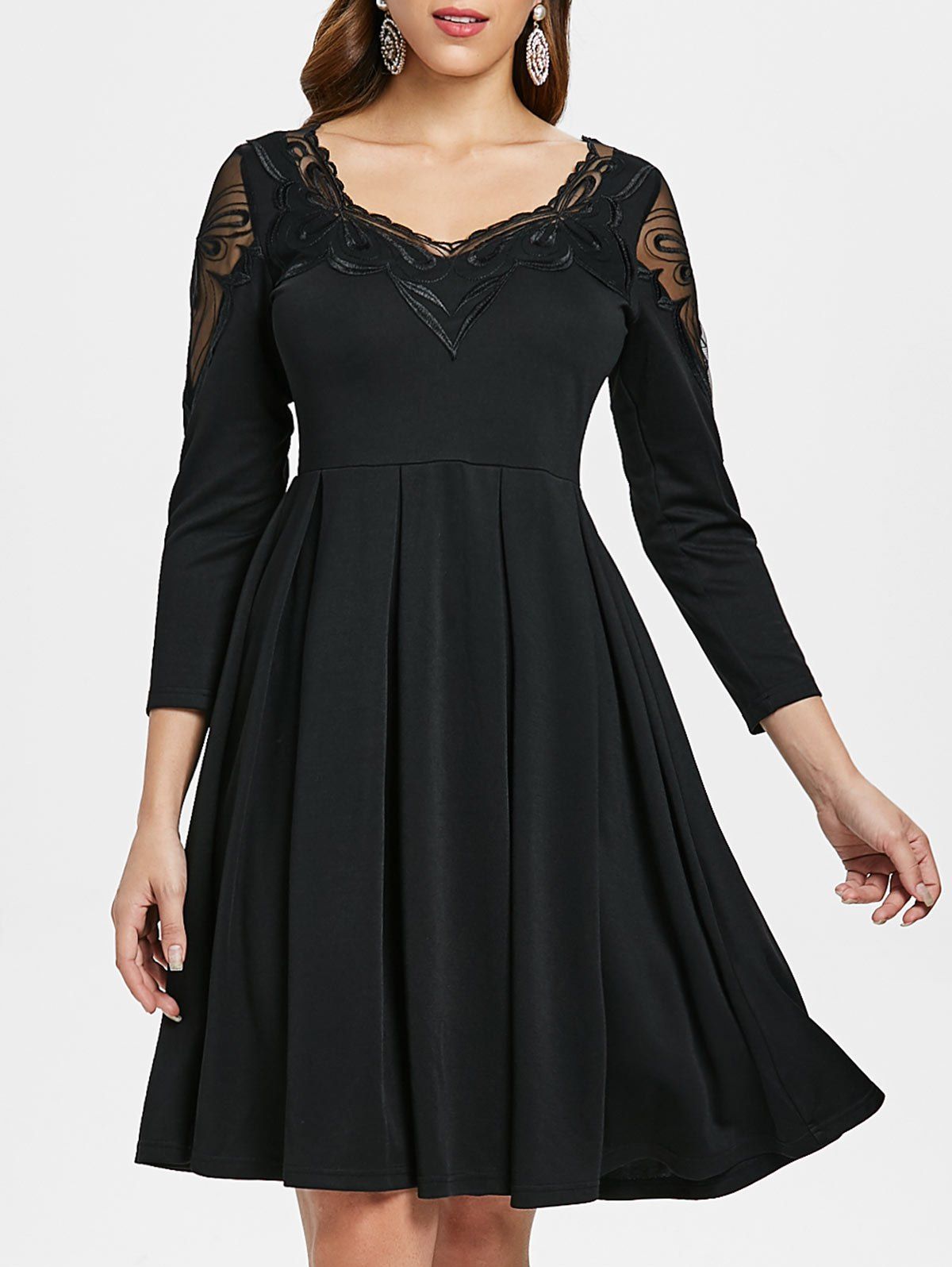 

Embroidery Mesh Panel Skater Dress, Black