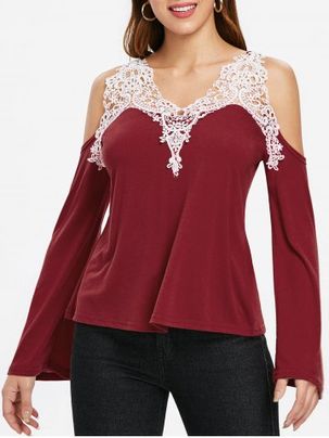 Cold Shoulder Lace Panel Color Block T-Shirt with Long Sleeve
