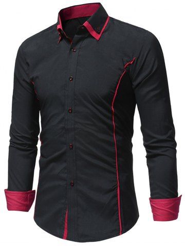 

Color Block Seam Detail Button Down Casual Shirt, Black