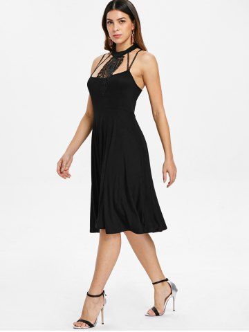 

Lace Panel Sleeveless Flare Dress, Black