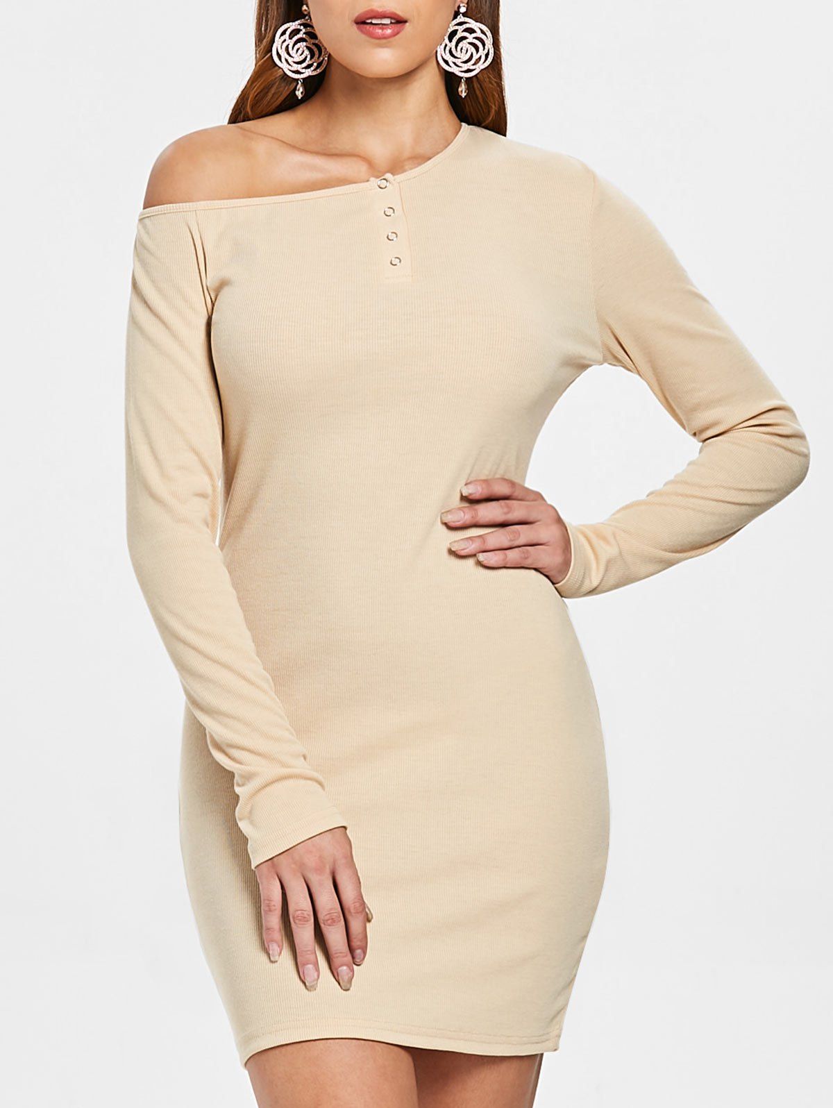[72 OFF] Ribbed Snap Button Bodycon Dress Rosegal