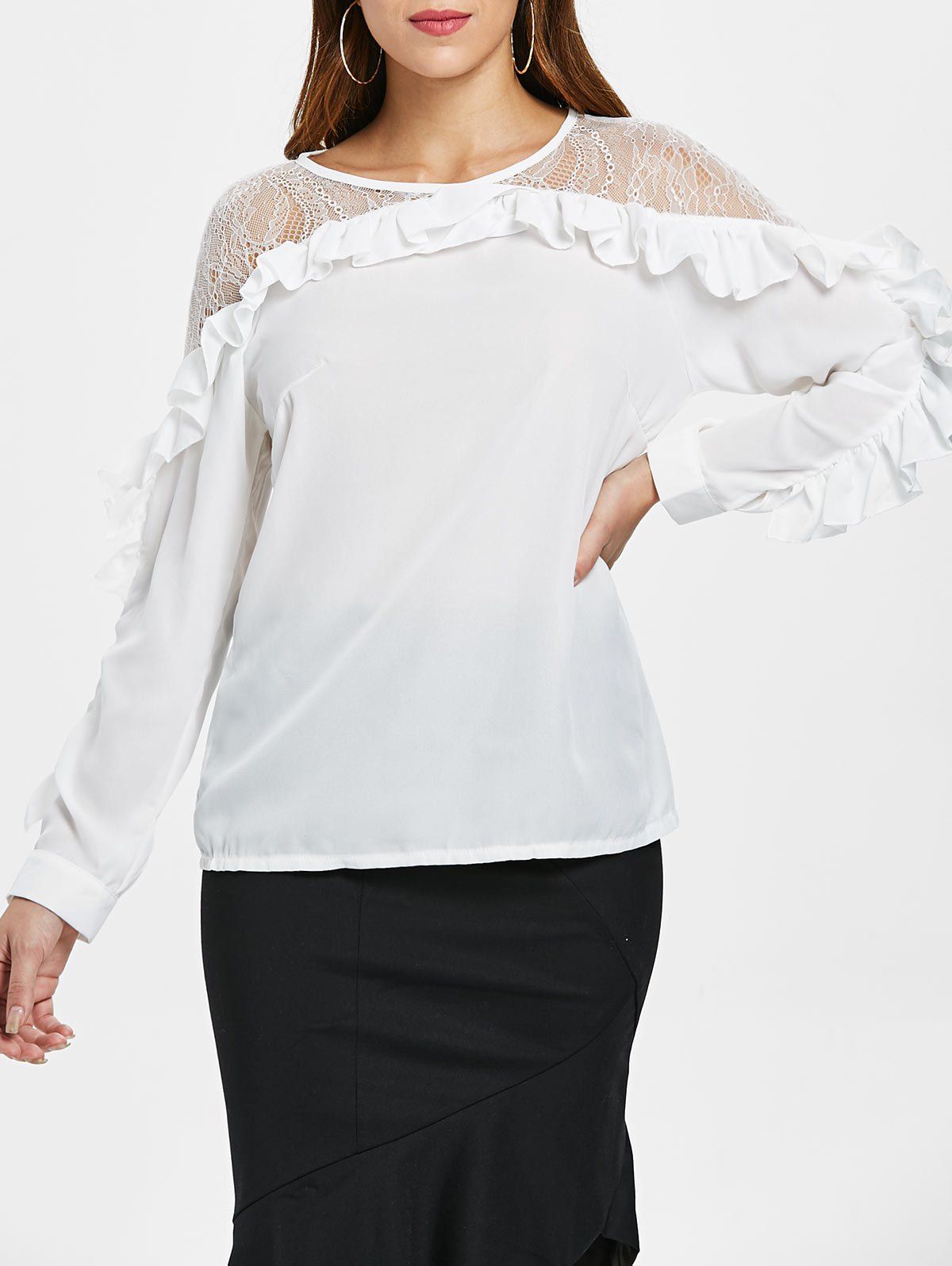 

Lace Trim Ruffles Full Sleeve Blouse, Milk white