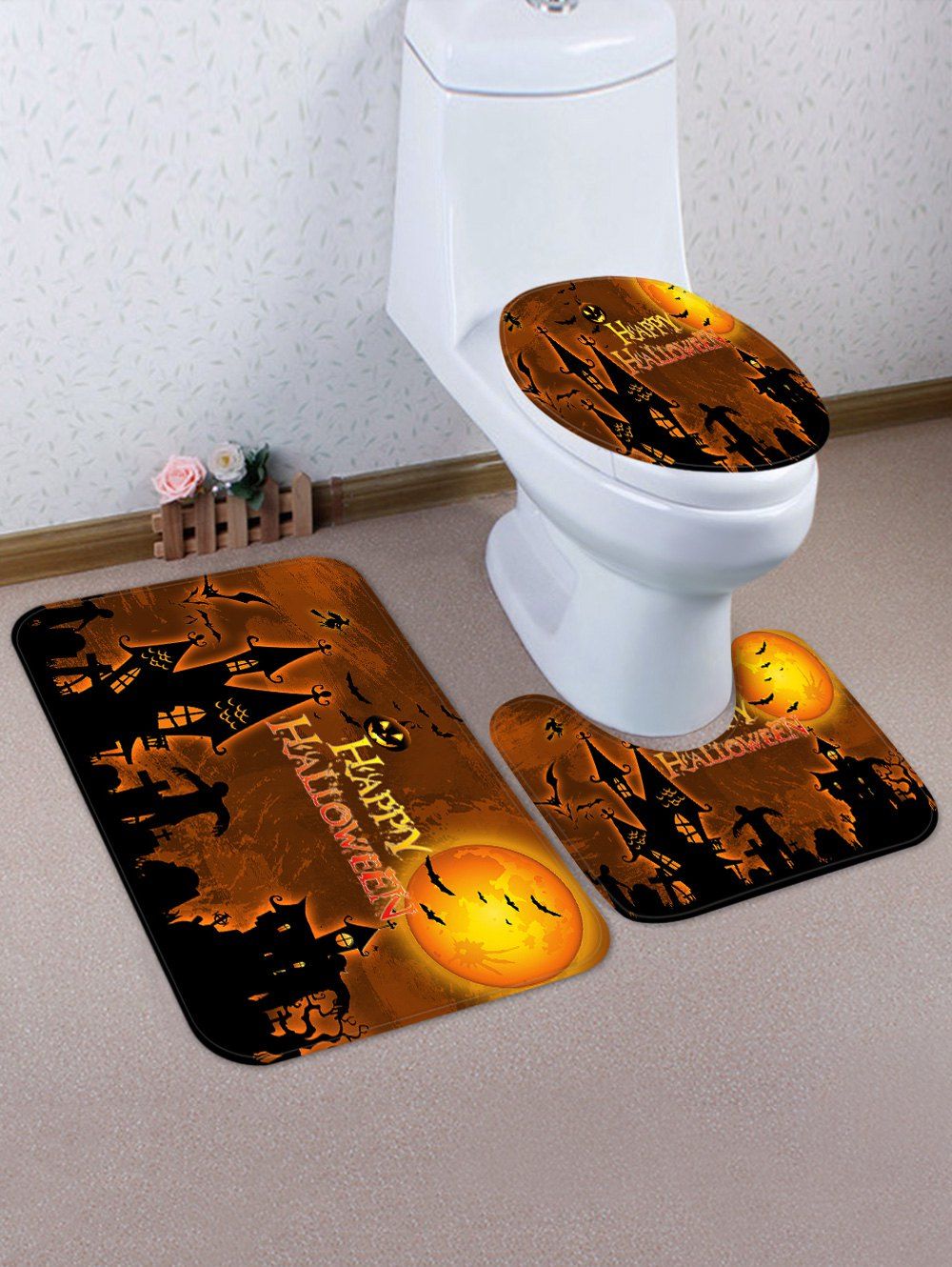 

Halloween Castle Pattern 3 Pcs Bath Mat Toilet Mat, Tiger orange