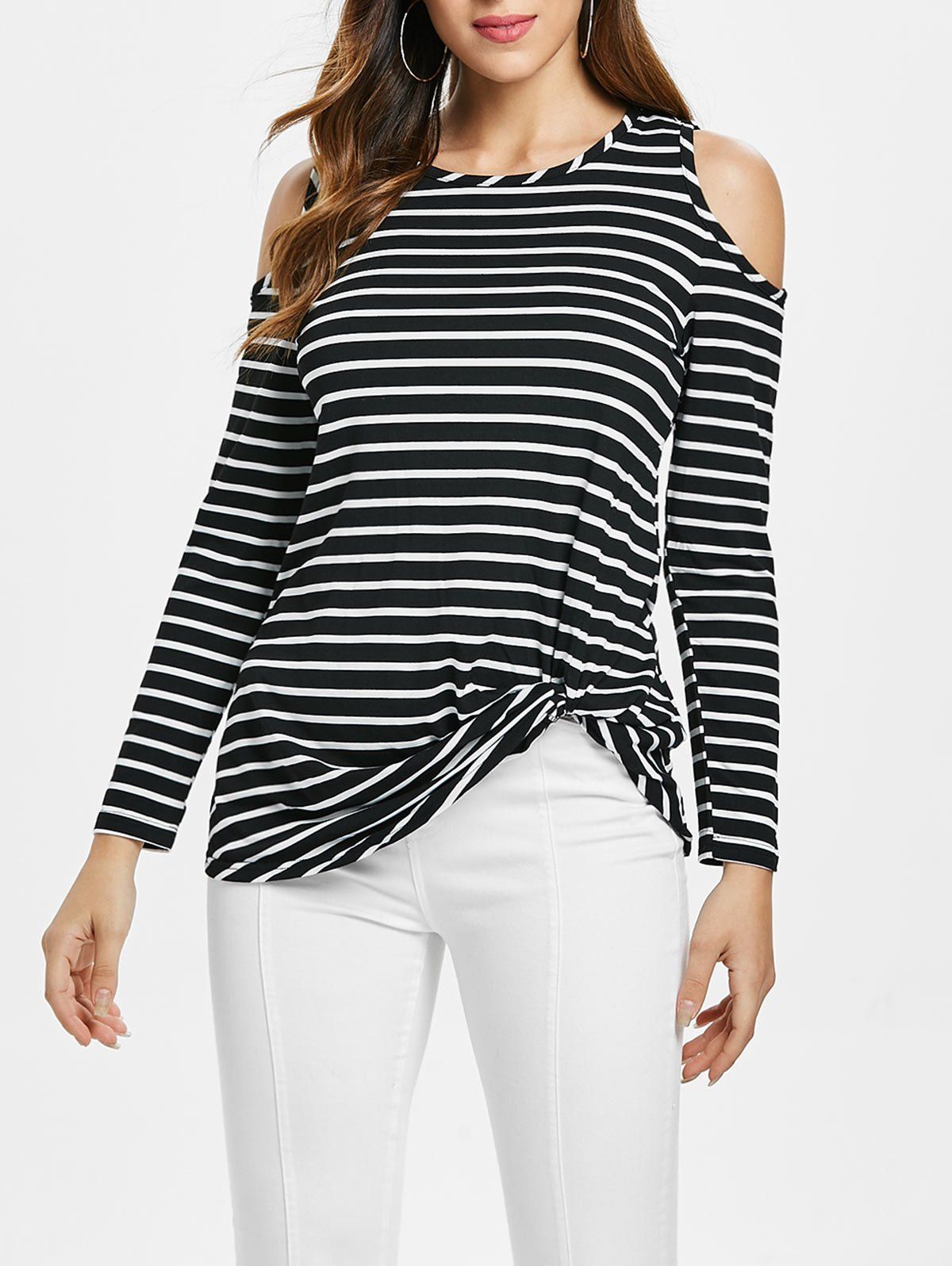 

Knot Front Striped Open Shoulder Tee, Black