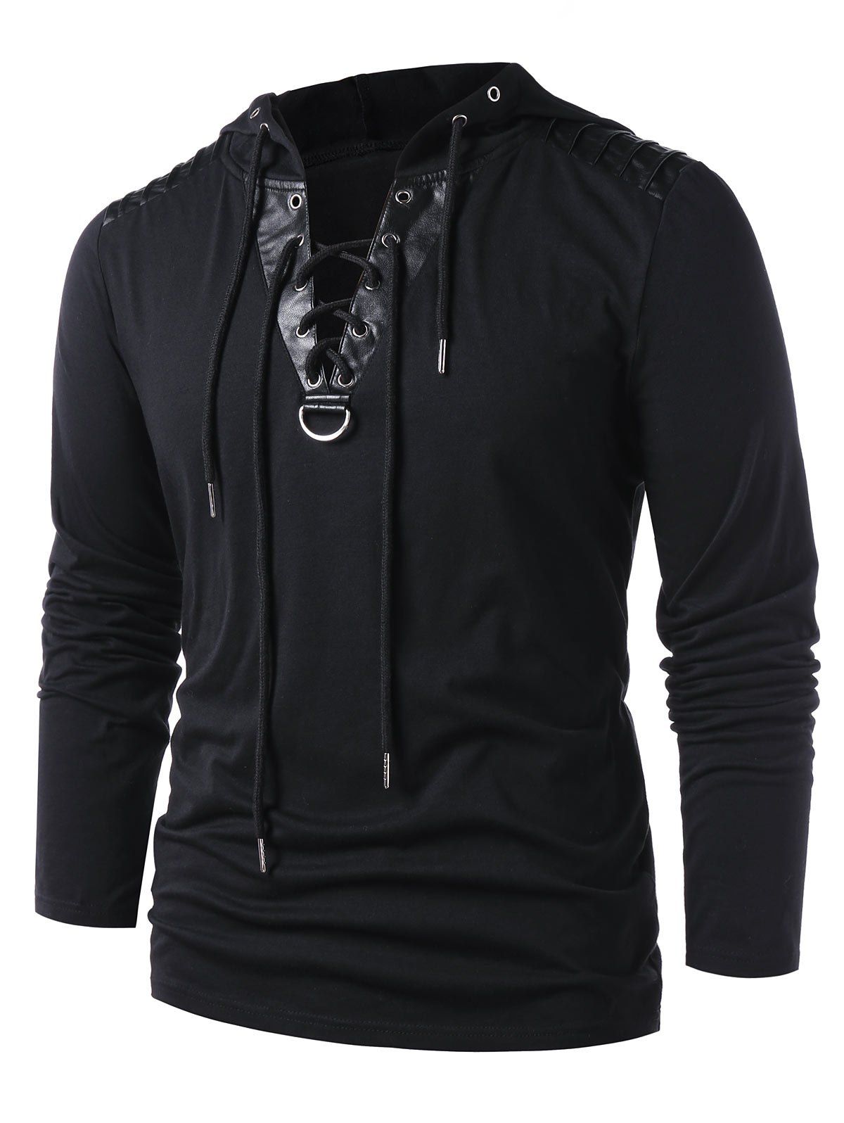 [32% OFF] Lace Up Faux Leather Hoodie | Rosegal