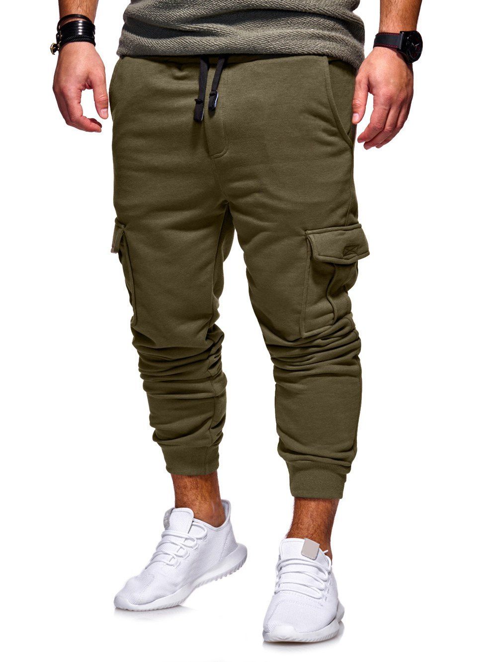 Casual Side Pockets Fleece Jogger Pants, Army green