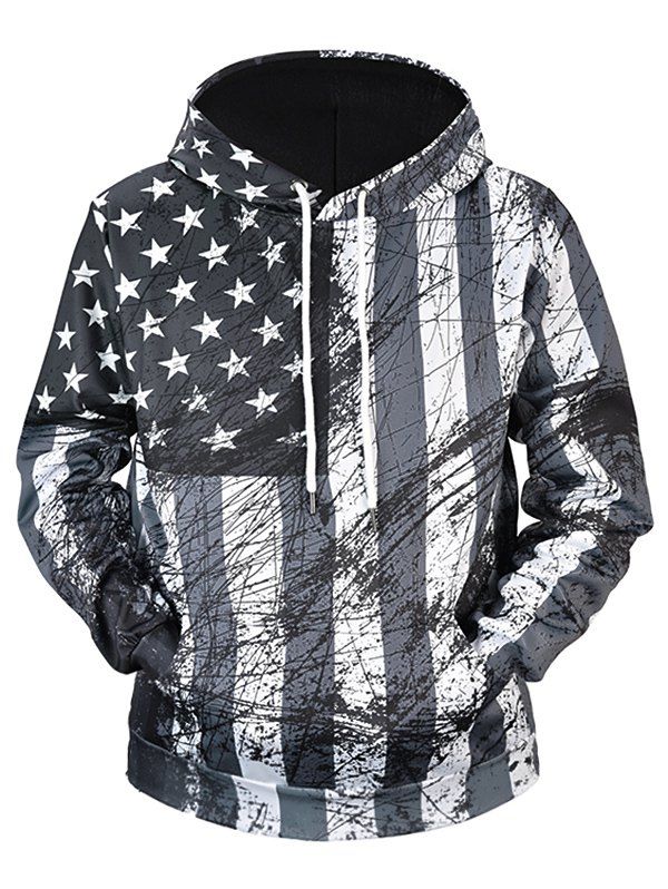 

Stars and Stripes Print with Graffiti Lines Elastic Hoodie, Black