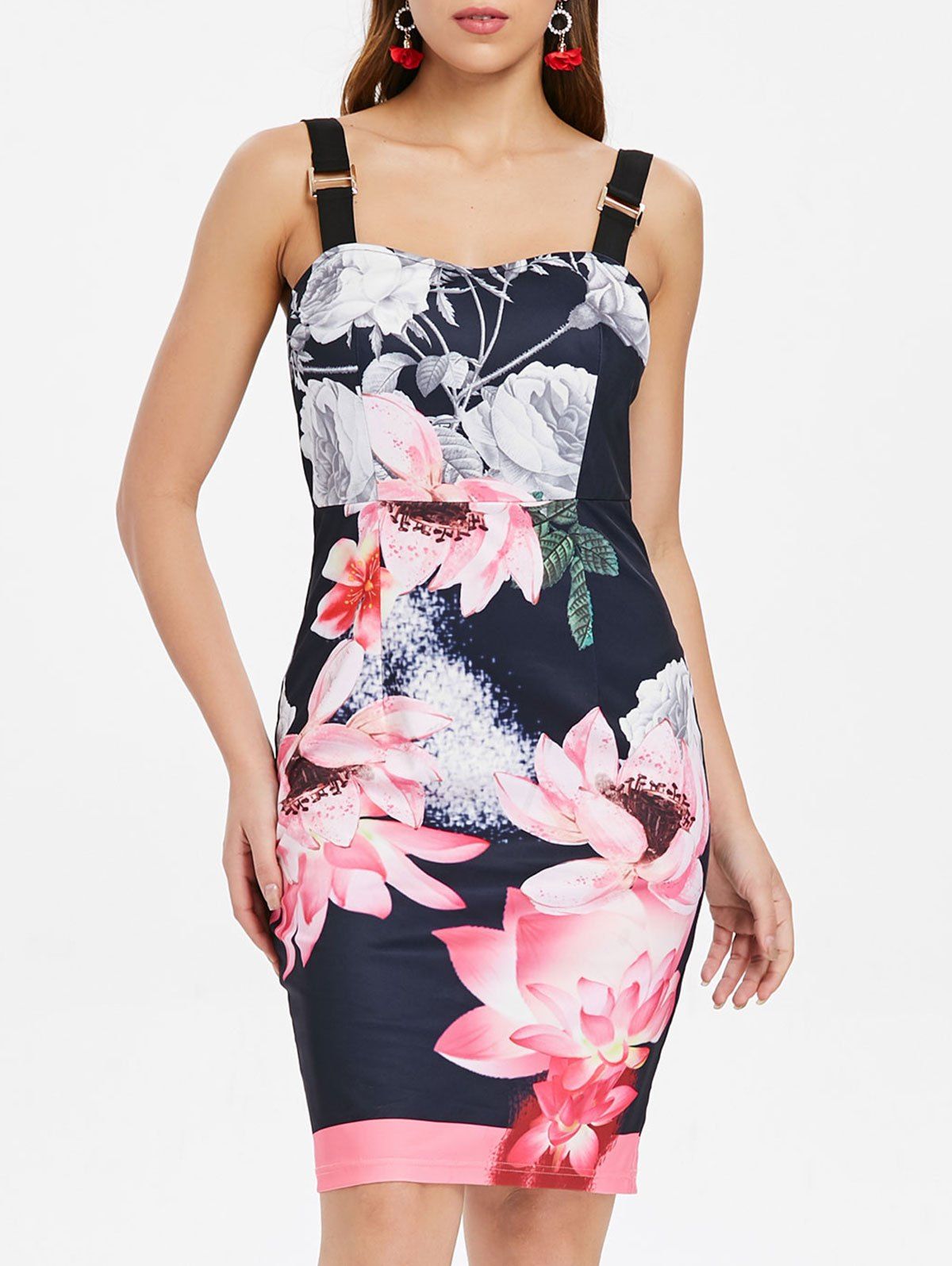 floral print sweetheart neck bodycon dress
