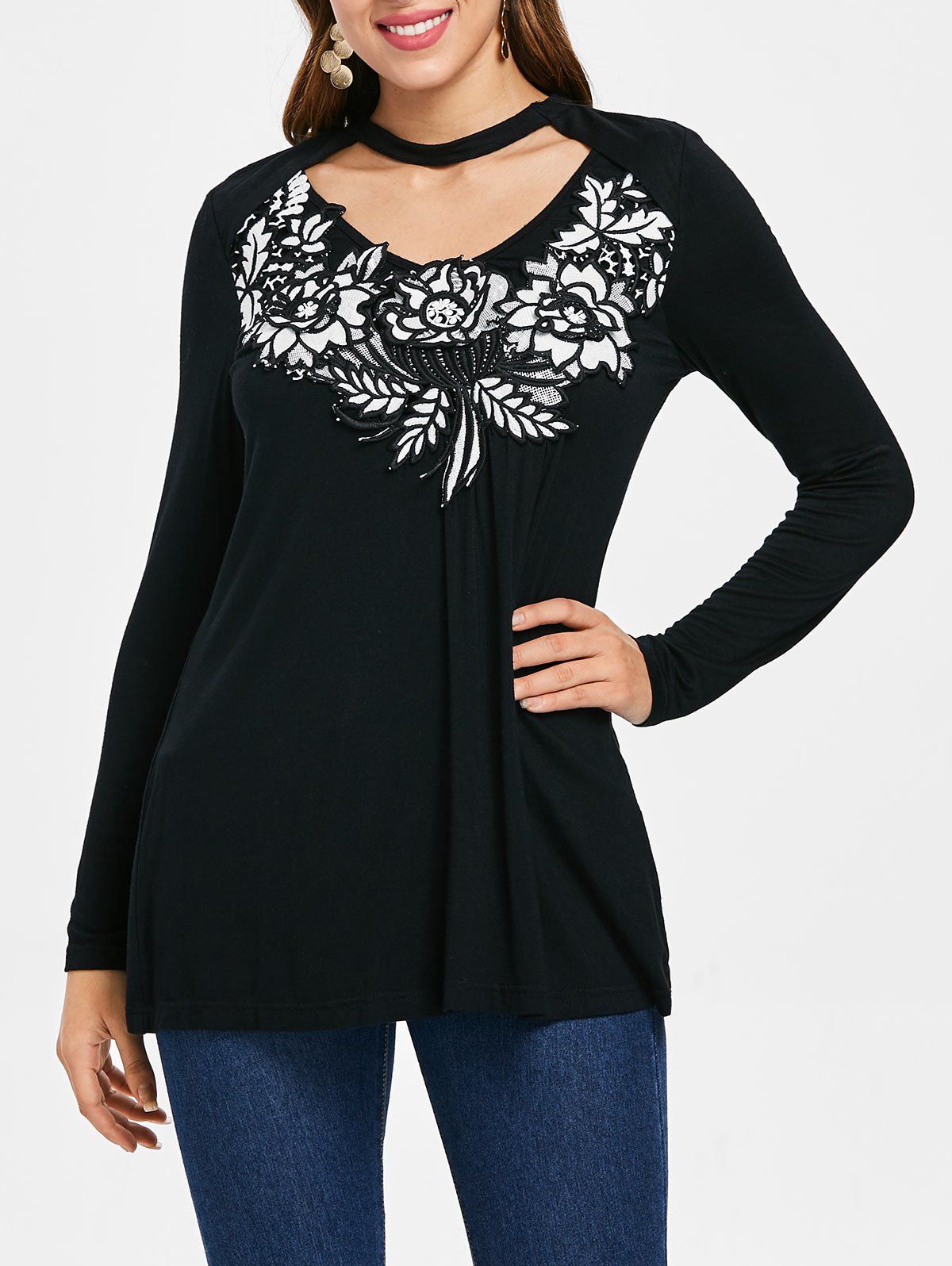 

Long Sleeve Applique Choker T-shirt, Black